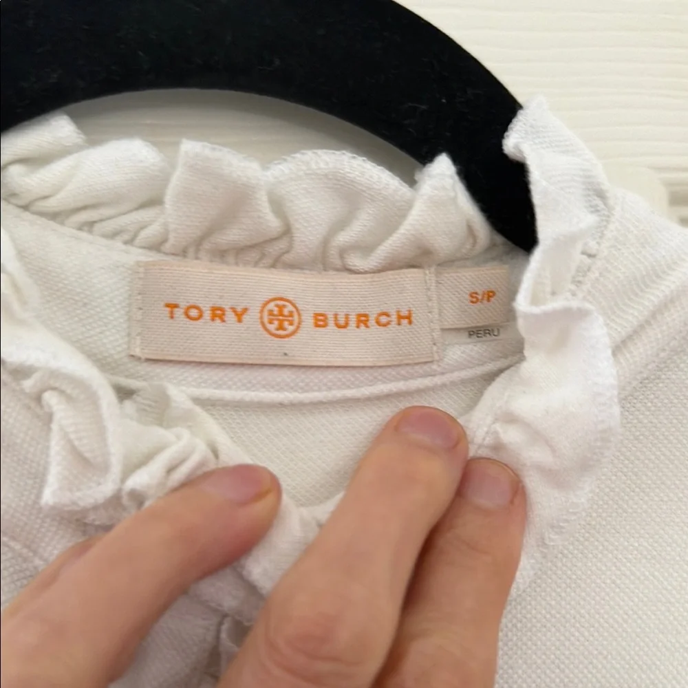 Tory Burch Sz. S White Ruffle Placket Short-Sleeve Top